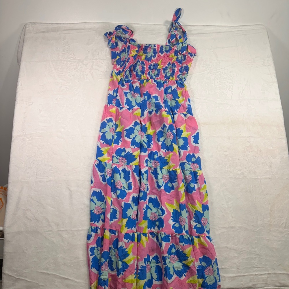 Michelle McDowell Shellie Tiered Maxi Dress L Pink Blue Floral Smocked Tie Strap - Picture 2 of 4